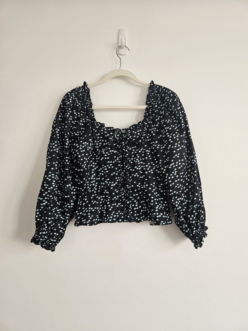 Parker Women's Black Dotted Lace-Up Ruffled Long-Sleeve Casual Top Size S